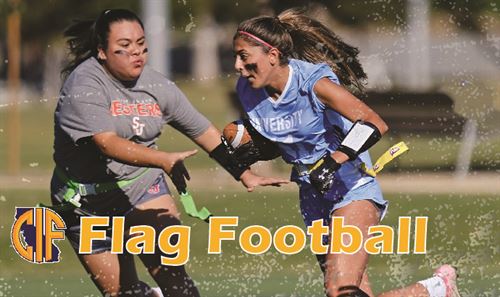 two females playing flag football; CIF logo